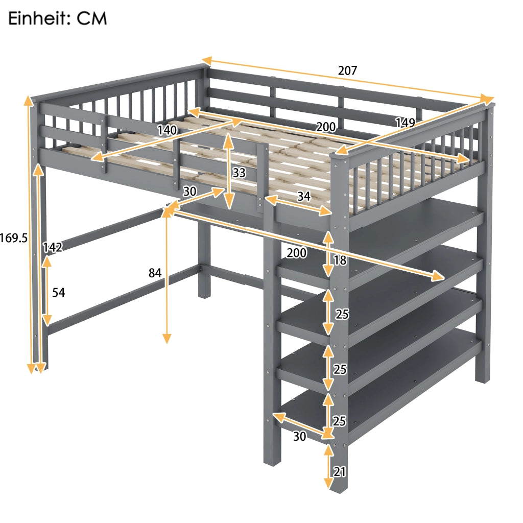 Letto a soppalco per bambini 140 × 200 cm 2 posti con scrivania e mensole; senza materasso; in pino e MDF; grigio