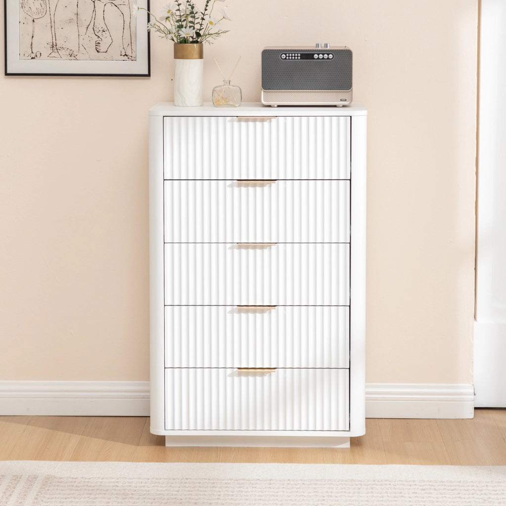 Cassettiera moderna a 5 cassetti in MDF bianco con maniglie in metallo