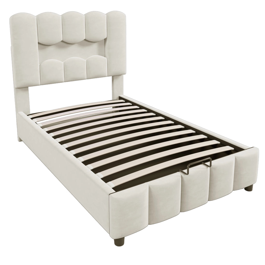 Letto contenitore singolo 90 × 200 cm 1 posto; LED multicolore e testiera regolabile; senza materasso; beige