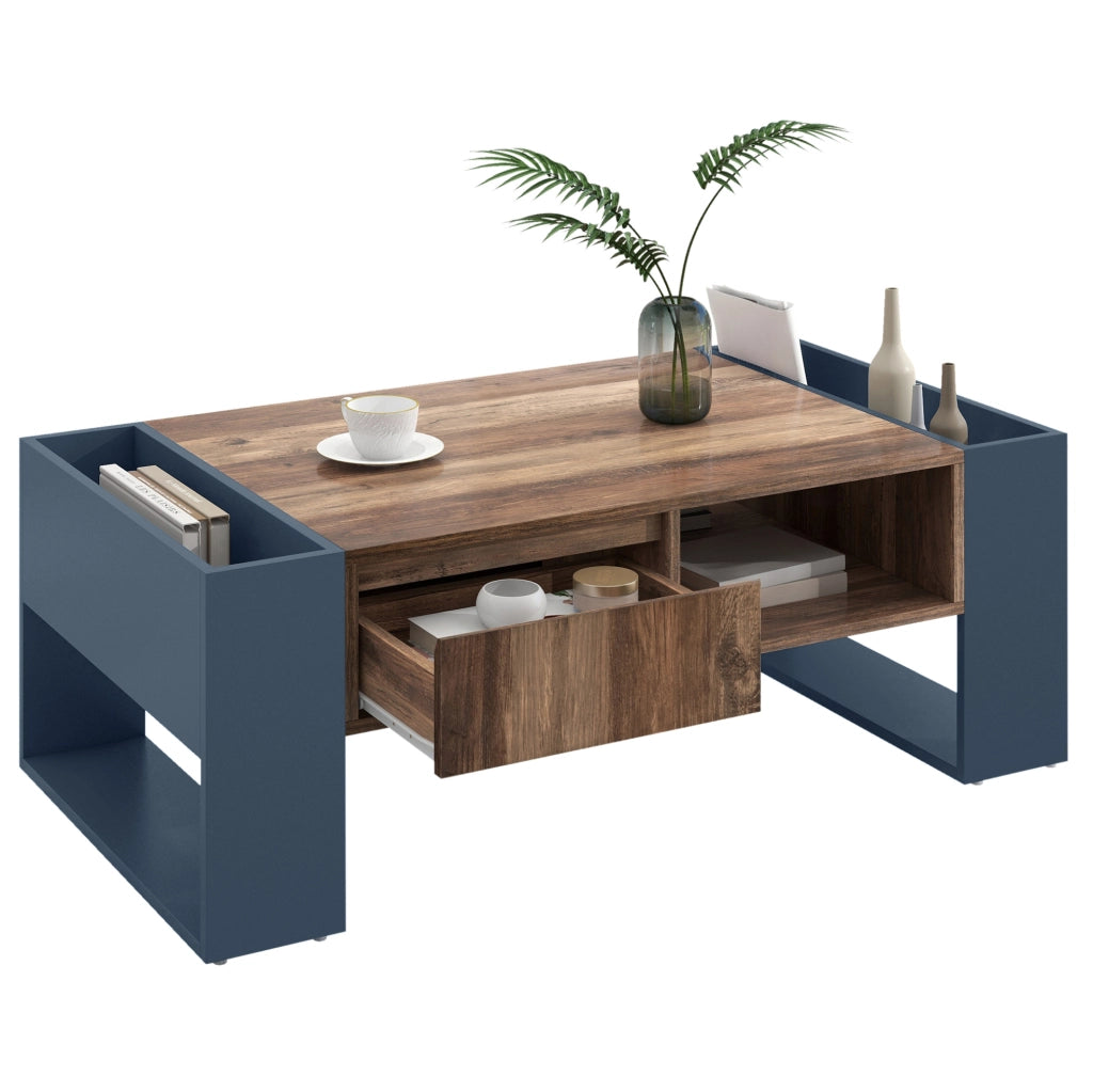 Tavolino da caffè rettangolare 111x40x60 cm in truciolare con vani contenitore; legno e nero