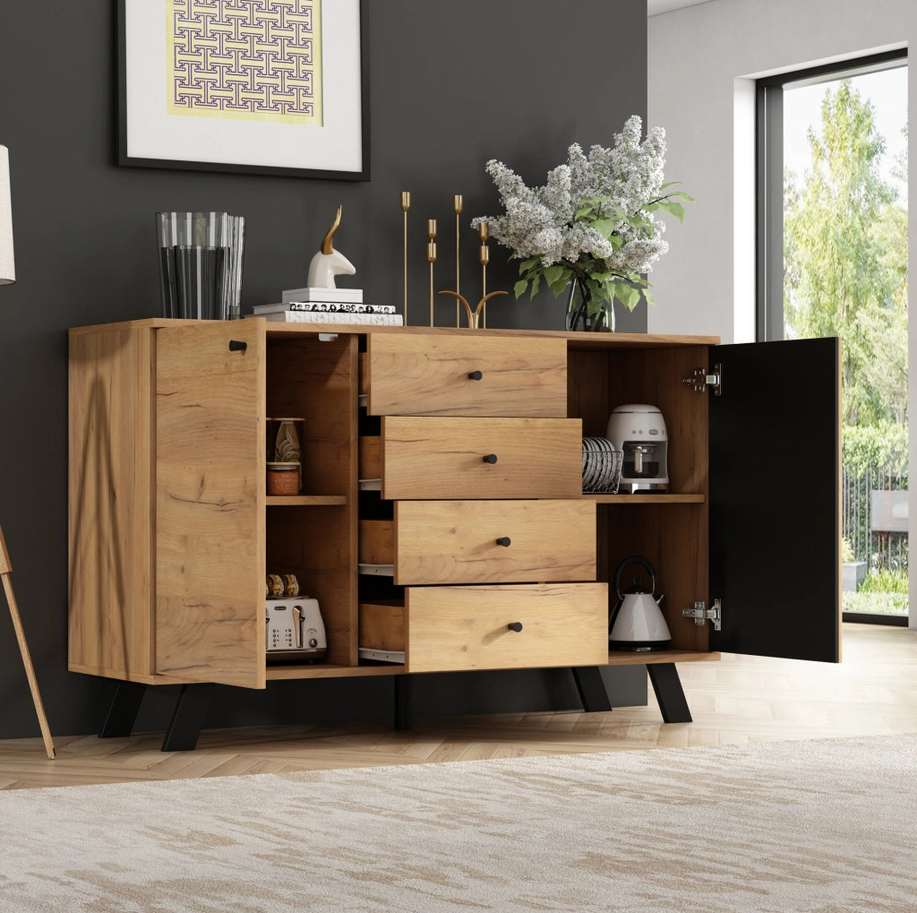 Madia 120 x 38 x 75 cm con 4 cassetti e 2 scomparti; MDF e legno massello; nero e naturale HOMVRA