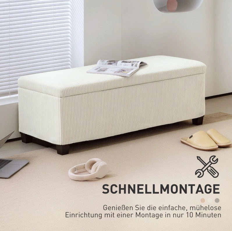 Panca con contenitore in tessuto a coste beige 112x42x40 cm con struttura in acciaio, seduta imbottita per soggiorno e camera