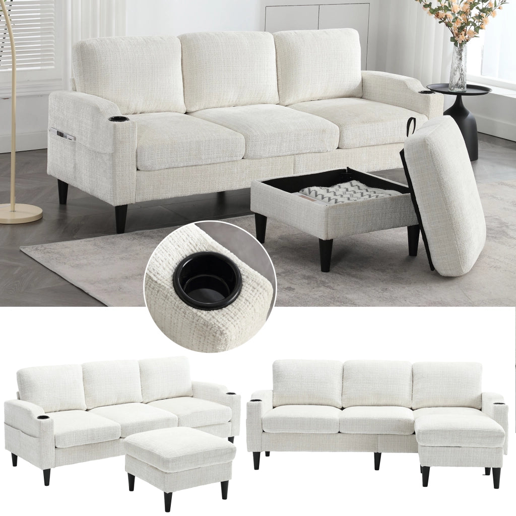 Divano 4 posti con pouf contenitore e portabevande in tessuto chenille beige