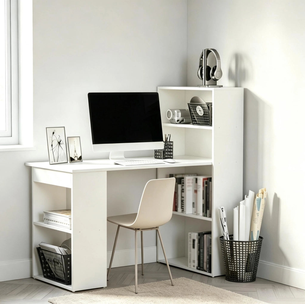 Scrivania bianca in truciolato con libreria integrata e design moderno, 120x55x120 cm