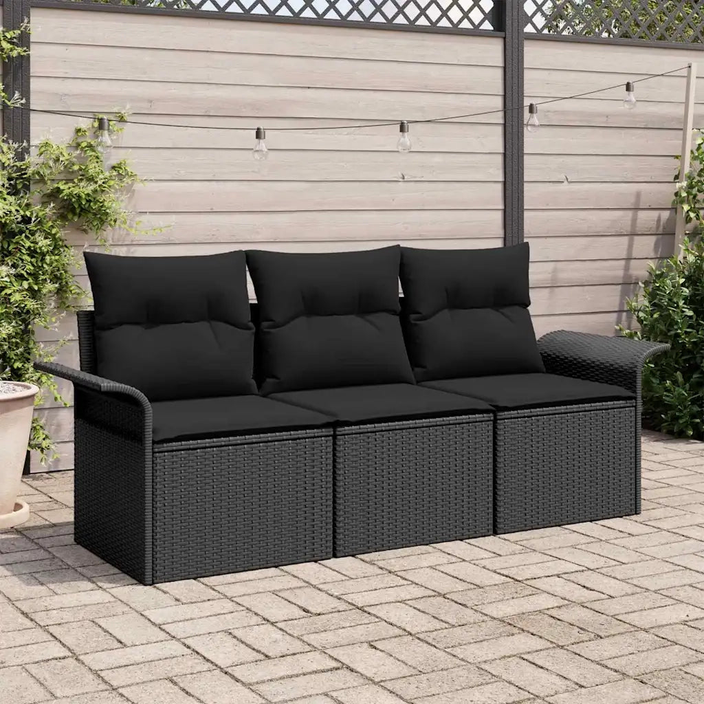 Set Divano da Giardino con cuscino 3 pcs Nero Poly Rattan
