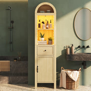 Armadio alto da bagno 163 cm in MDF con LED RGB, anta reversibile e cassetto, colore legno naturale
