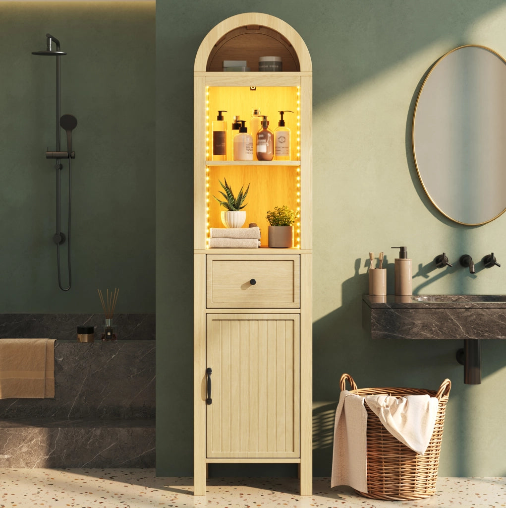 Armadio alto da bagno 163 cm in MDF con LED RGB, anta reversibile e cassetto, colore legno naturale