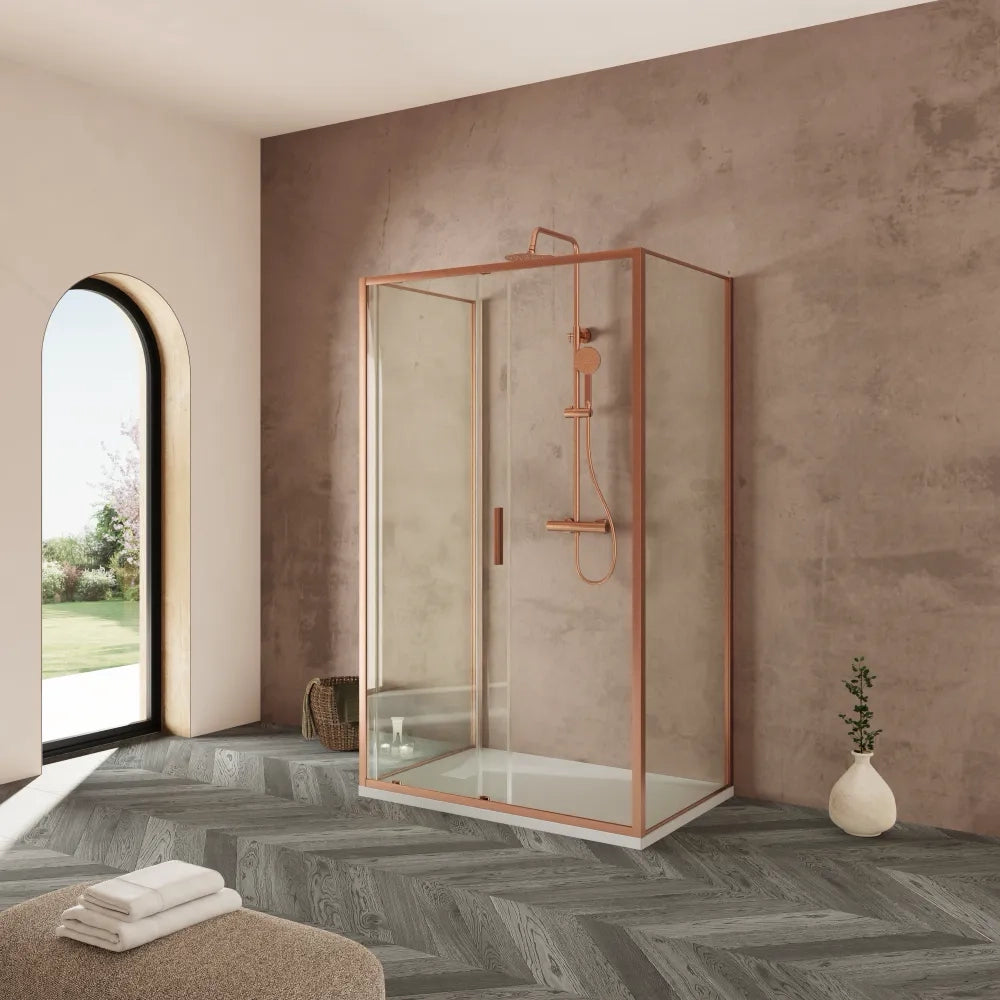 Box doccia tre lati 70x120x70cm con porta scorrevole profili rame spazzolato vetro 6mm trasparente anticalcare h190| Portofino
