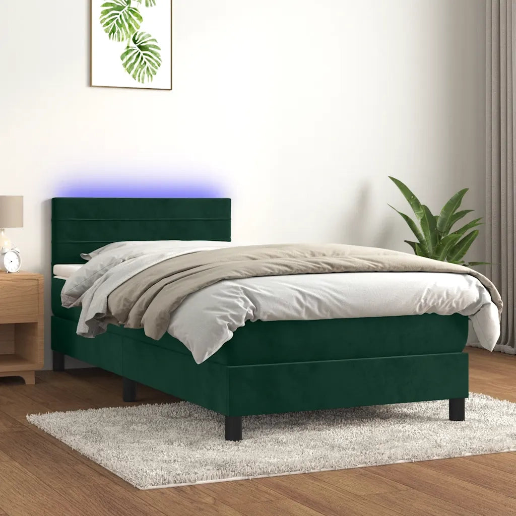 Letto a Molle con Materasso e LED Verde Scuro 100x200cm Velluto 3134450