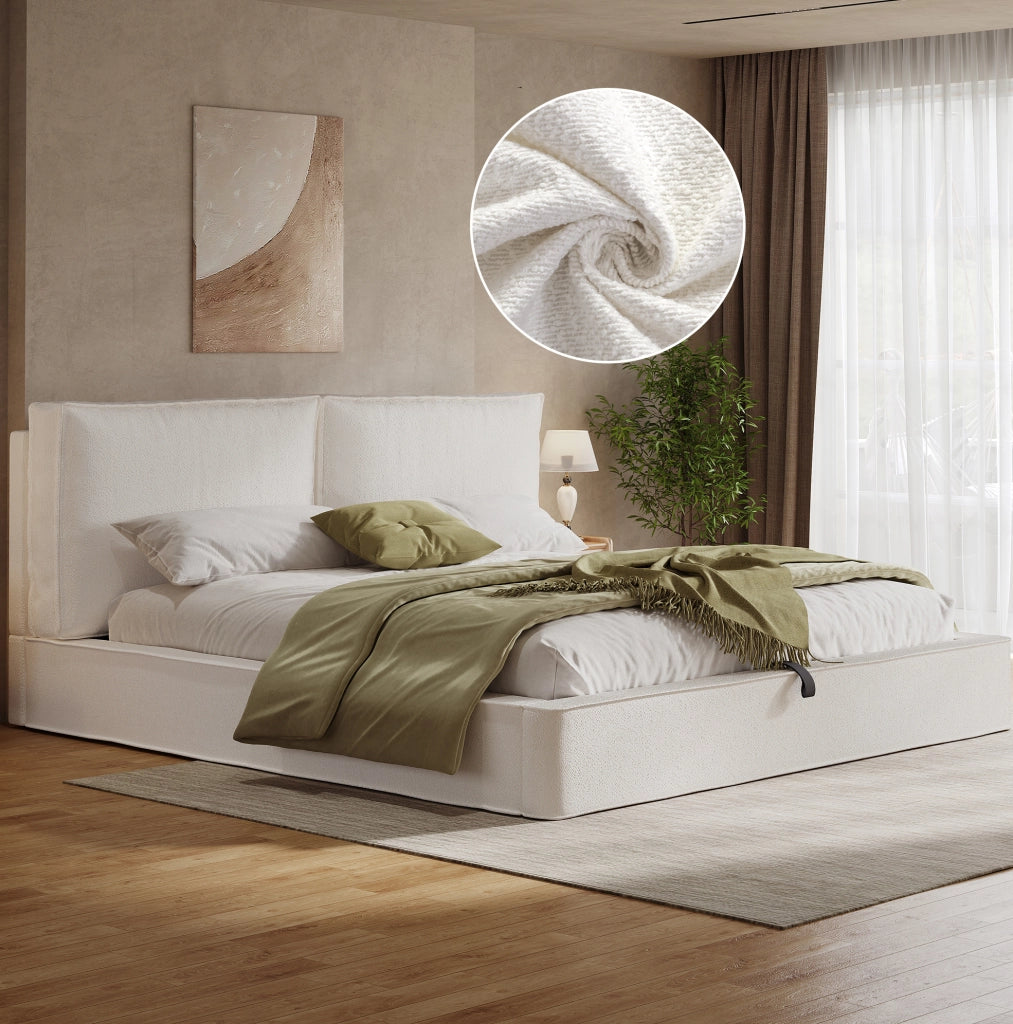 Letto matrimoniale imbottito YEAVIO 180x200 cm con contenitore idraulico e rete a doghe, beige bouclé