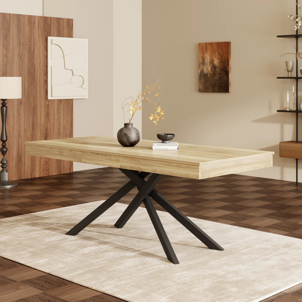 Tavolo da Pranzo Allungabile ¨C MINIMAL ¨C Rovere, Piano Rettangolare, Gambe in Metallo, 140/180x80 cm