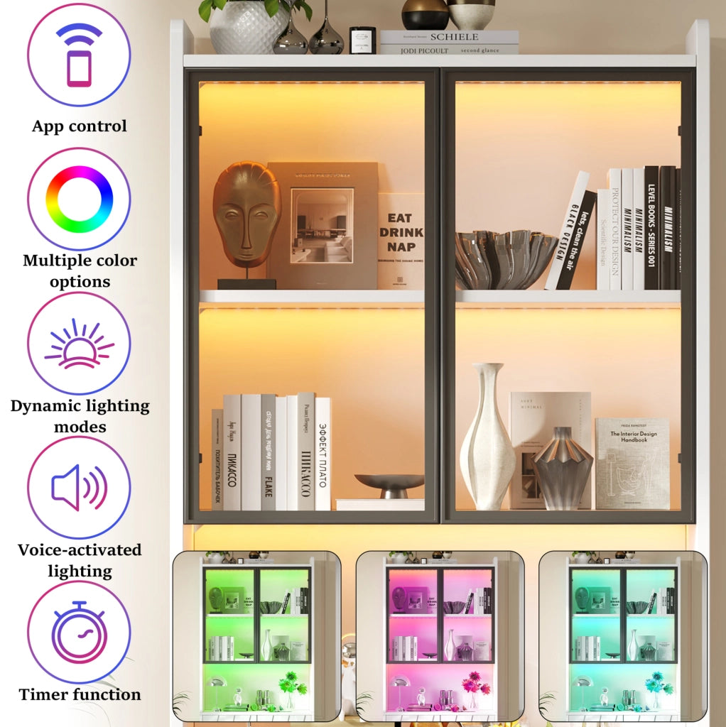 Vetrina Alta Bianca 80x35x200 cm con LED Bluetooth, 4 Ante in Truciolato e Vetro Temperato, Ripiani Regolabili e Illuminazione Personalizzabile
