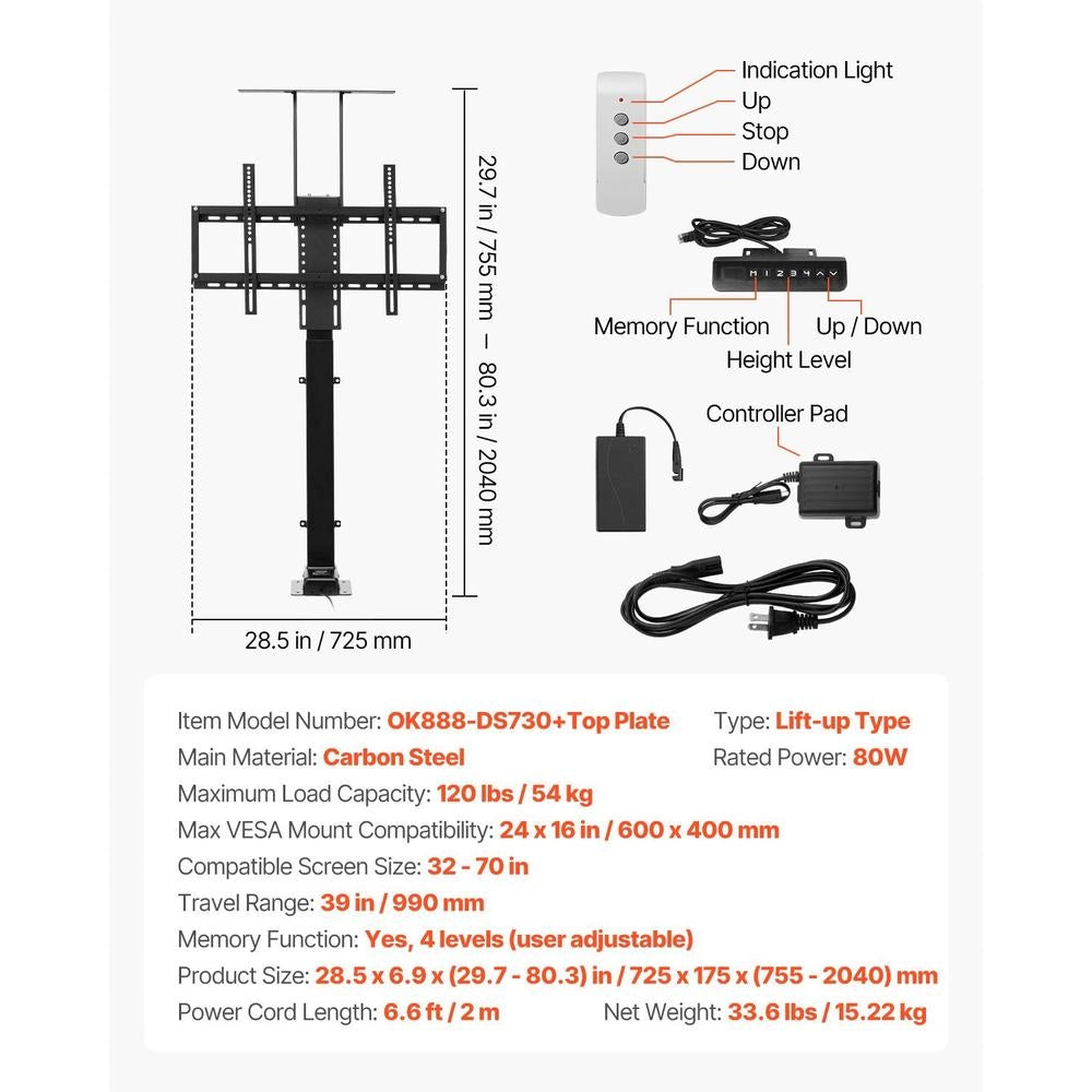 Supporto TV Motorizzato Elettrico Verticale Sollevamento Altezza Telecomando Carico 54kg TV 813-1178mm VESA 60x40cm