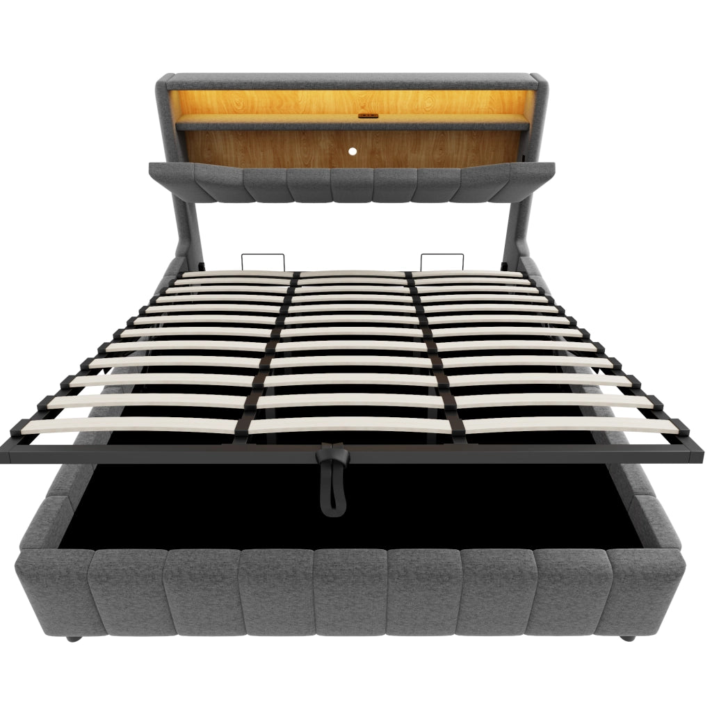 Letto contenitore matrimoniale 180 × 200 cm con LED, USB e USB-C, testiera con vano, senza materasso, tessuto grigio