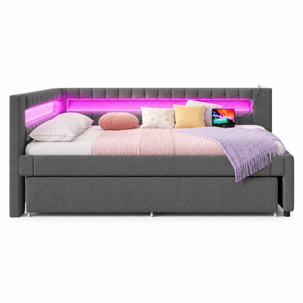 Daybed 140x200 cm grigio in lino con letto estraibile, LED, USB e Type-C