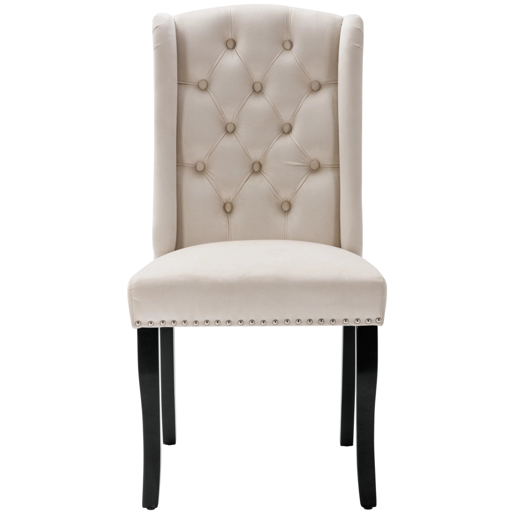 Sedie da pranzo set di 6 in velluto beige con gambe in rovere schienale capitonné borchie e maniglia cromata