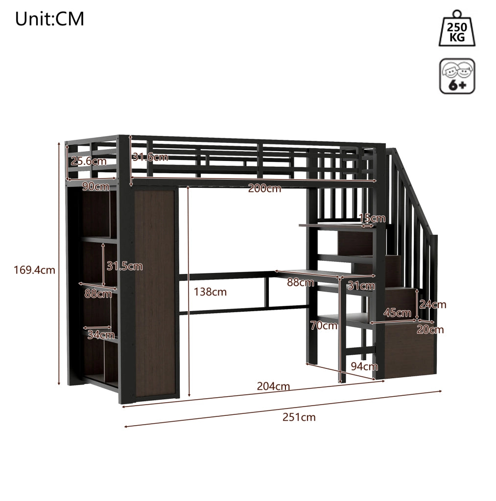 Letto a soppalco 90x200 cm con scrivania, LED e scale contenitore nero