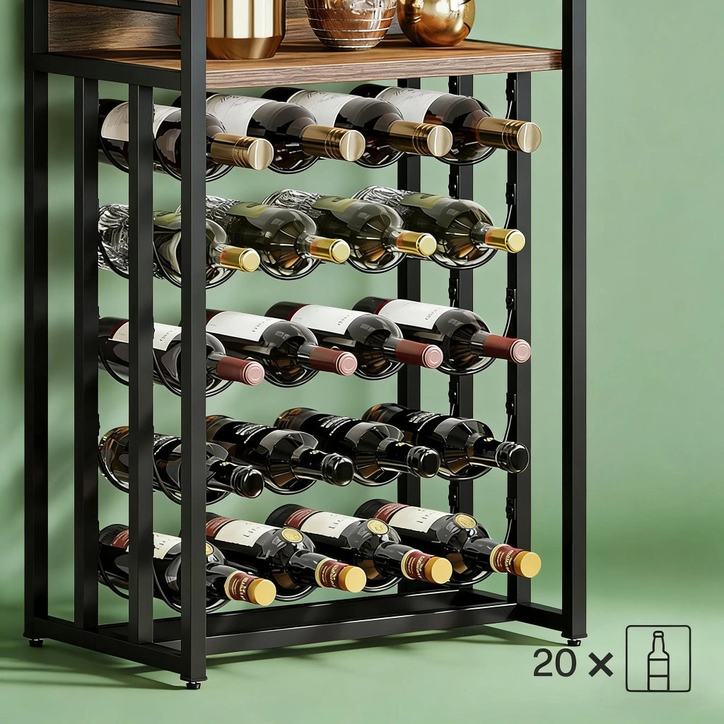 Portabottiglie da terra per 30 bottiglie con ripiano in MDF e acciaio nero marrone rustico 183 × 50 × 35 cm