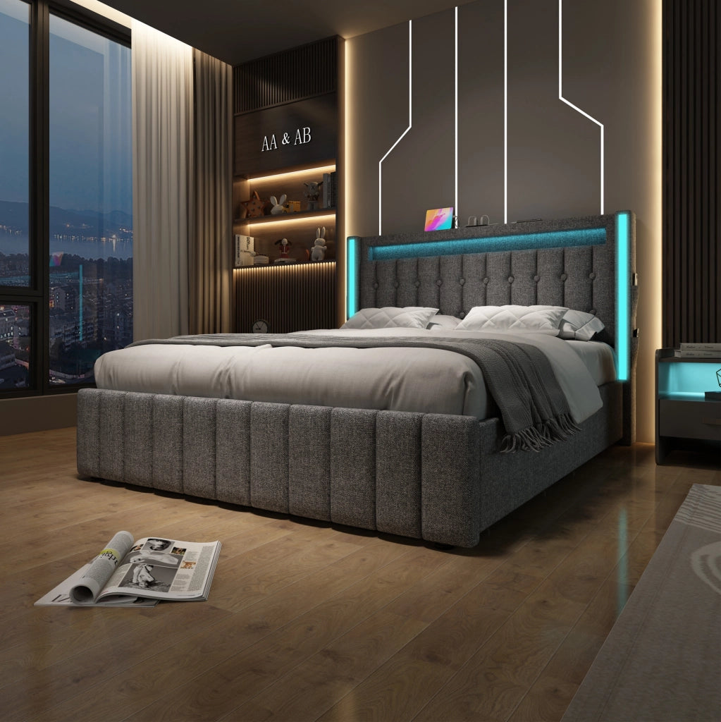Letto imbottito con ricarica USB, LED e 4 cassetti