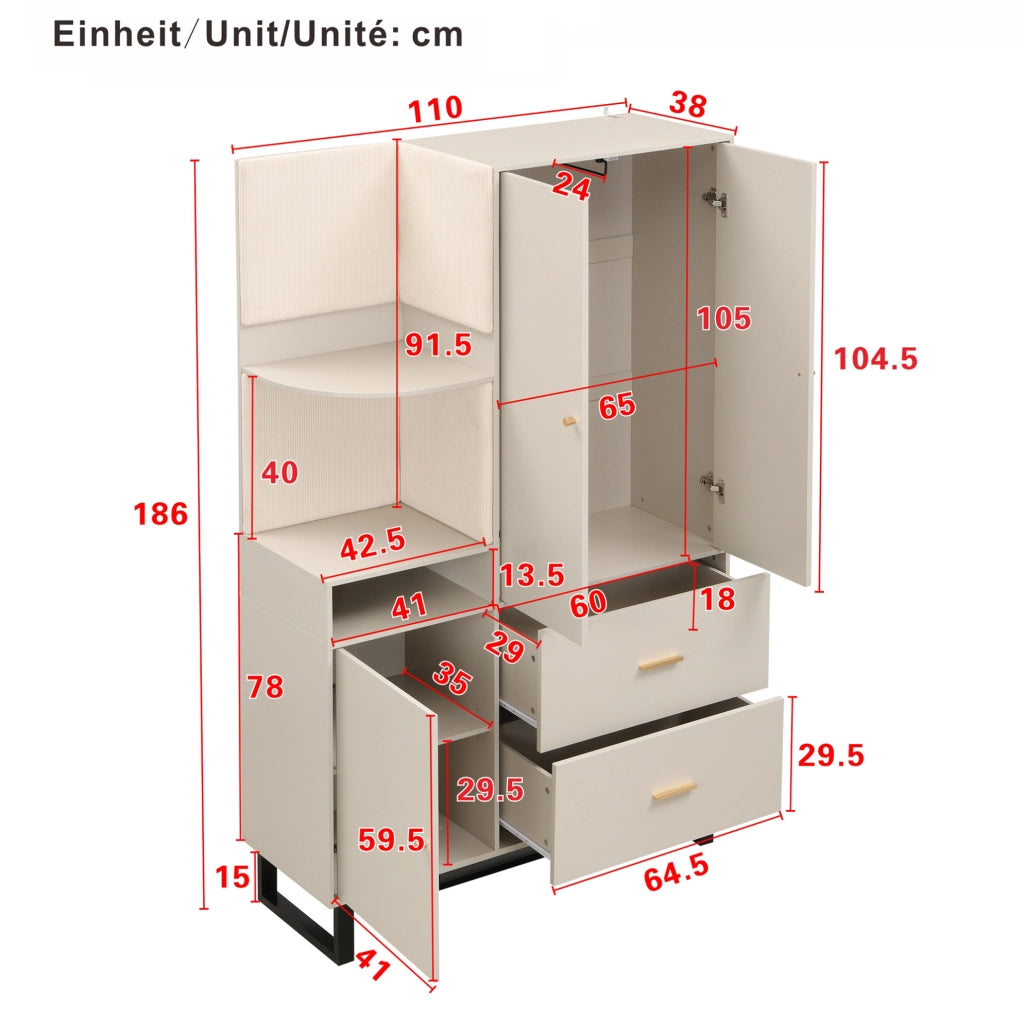 Mobile guardaroba da ingresso 110x38x186 cm in MDF beige e grigio con cassetti