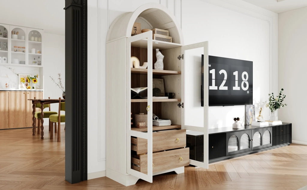 Highboard bianco con ripiani regolabili, cassetti e ante in vetro trasparente. Ampio contenitore ideale per cucina, sala da pranzo e soggiorno.