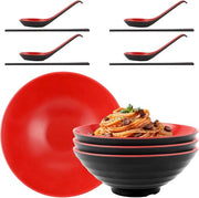 Set di 4 ciotole per ramen - ciotola per ramen in melamina da 1000 ml - 21 x 8 cm - ciotola per ramen con cucchiaio e bastoncini per ciotola per ramen - pasta - ramen buldak - insalata (nero e rosso)