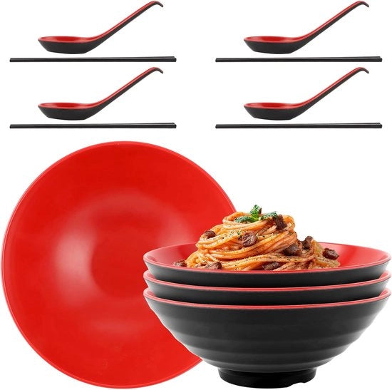 Set di 4 ciotole per ramen - ciotola per ramen in melamina da 1000 ml - 21 x 8 cm - ciotola per ramen con cucchiaio e bastoncini per ciotola per ramen - pasta - ramen buldak - insalata (nero e rosso)