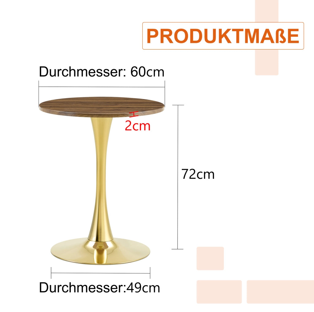 Tavolino rotondo 60 cm in MDF con piano effetto noce e base dorata