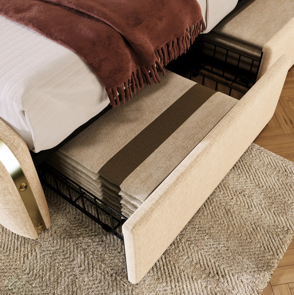 Letto matrimoniale imbottito 180x200 cm in lino beige con 4 cassetti; USB e Type-C; materasso incluso