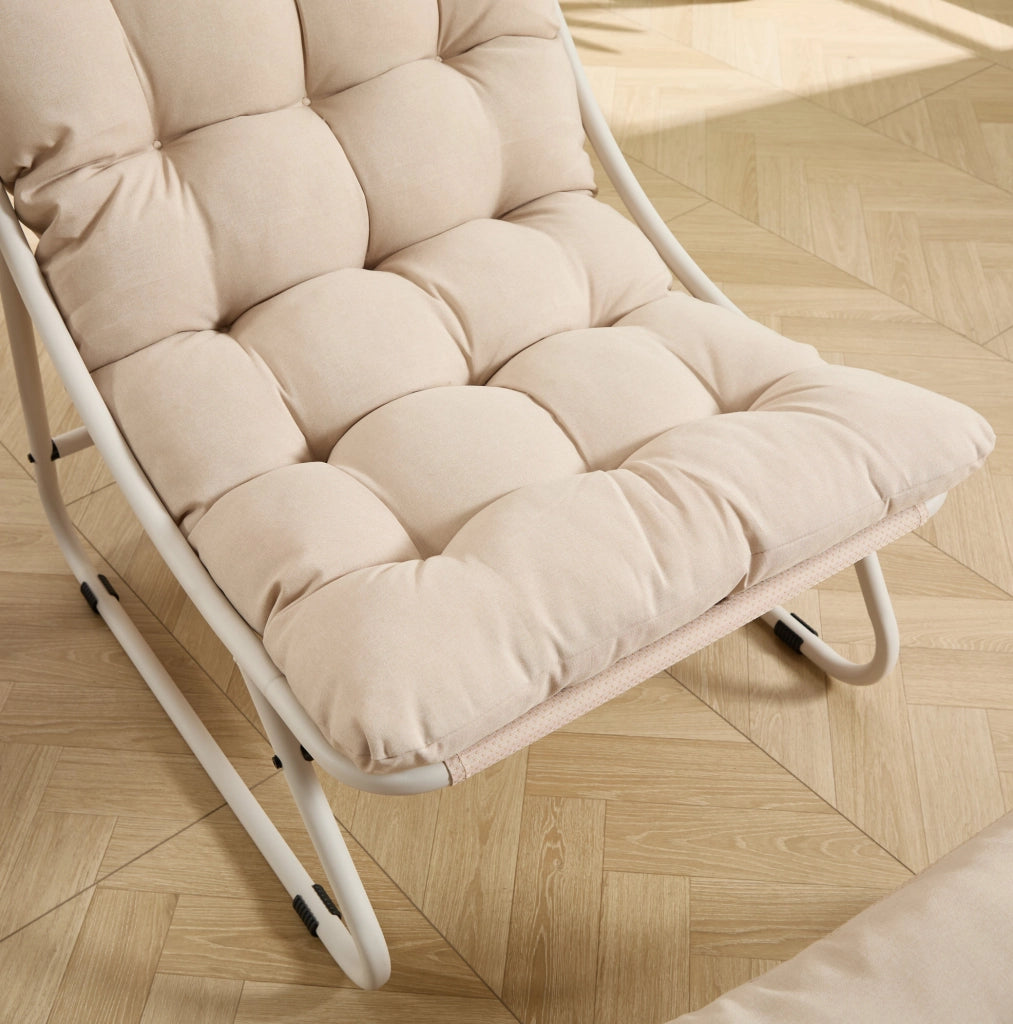 Sedia da Giardino con Poggiapiedi Beige, Poltrona Lounge con Cuscino Morbido e Struttura in Acciaio