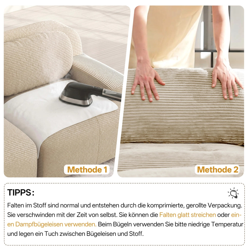 Divano 2 posti modulare in tessuto a coste beige con schiuma ad alta densità e braccioli ergonomici