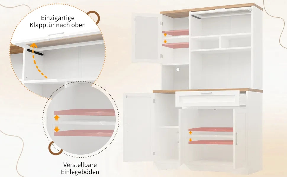 Armadio da cucina alto/vetrina con illuminazione LED, 104x40x180 cm, bianco/nero, per cucina e soggiorno