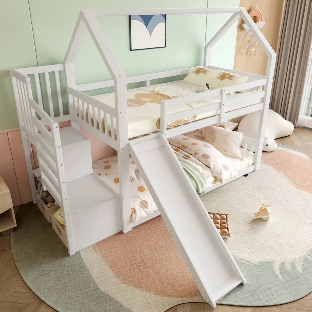 Letto a castello per bambini con scala contenitore; scivolo e sponde; 90x200 cm; pino e MDF; bianco