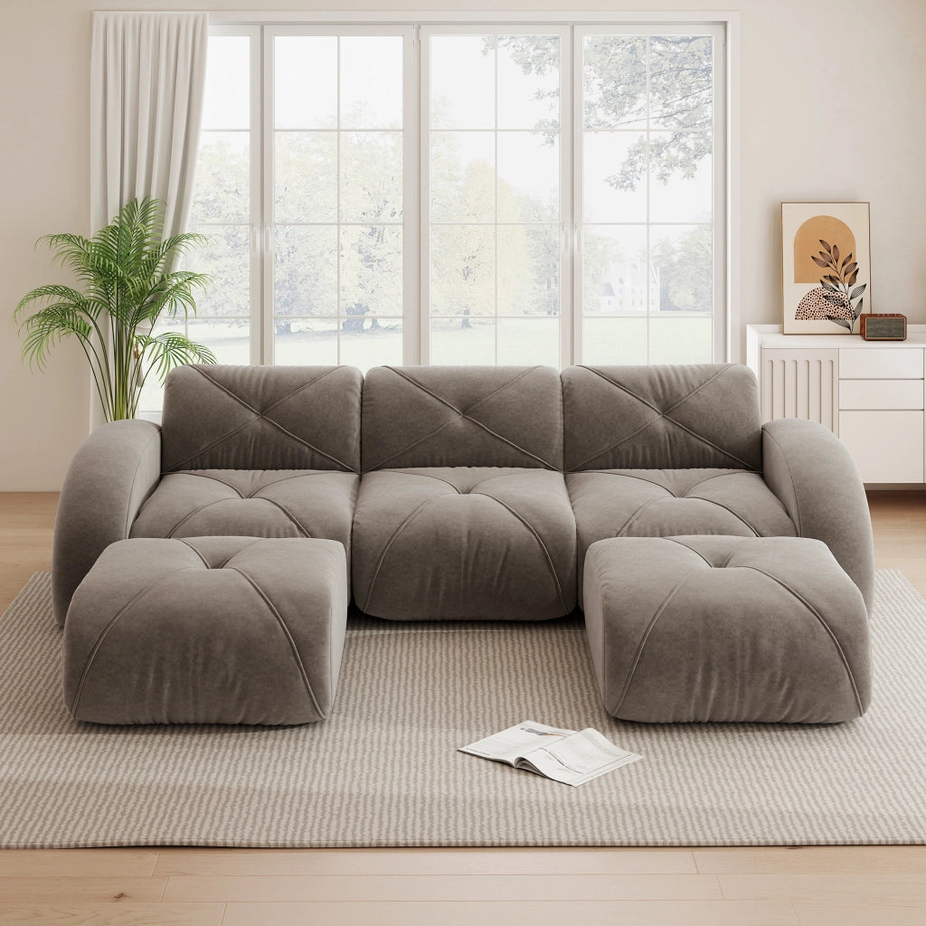 Divano modulare a U 3 posti con 2 pouf; struttura senza telaio; in chenille taupe; portata 200 kg per seduta