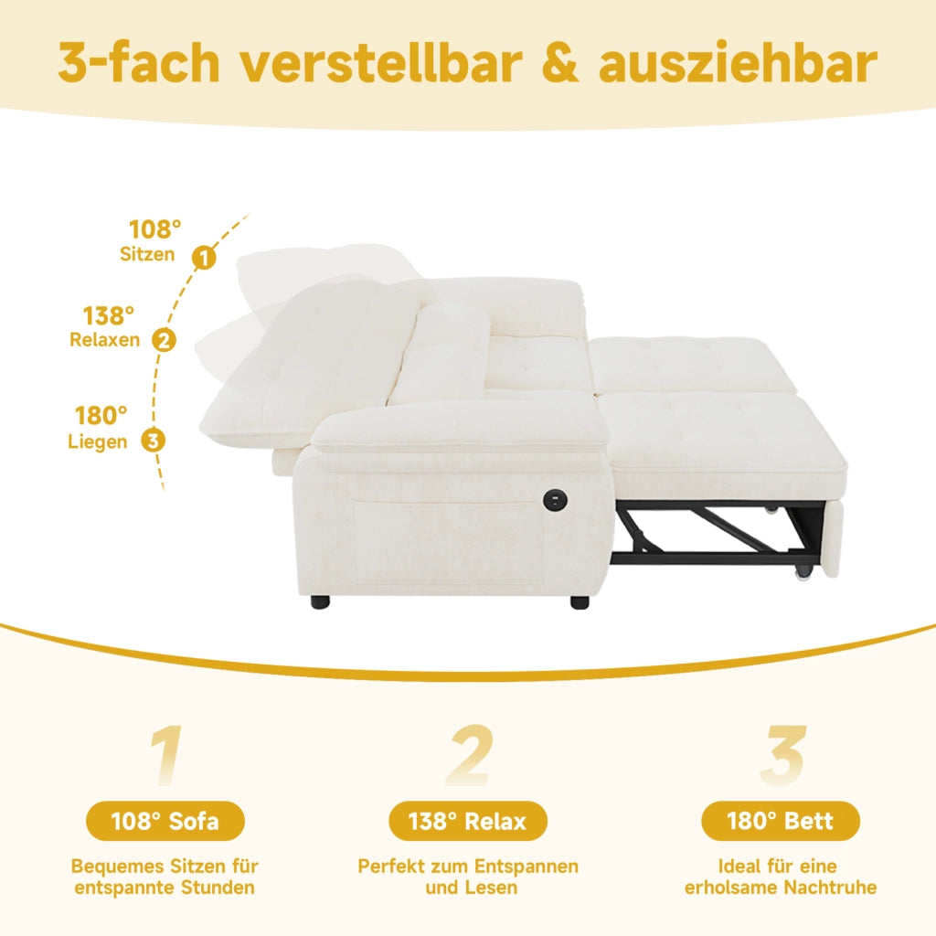 Divano letto 3-in-1 beige in tessuto chenille con schienale regolabile e porta USB, inclusi 2 cuscini, 2 posti