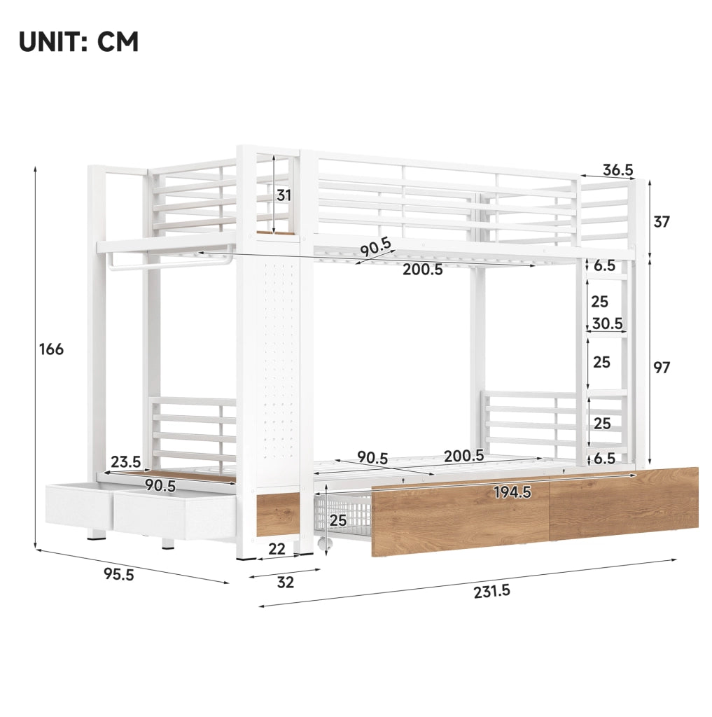 Letto a castello 90x200 cm con cassetti, LED e appendiabiti