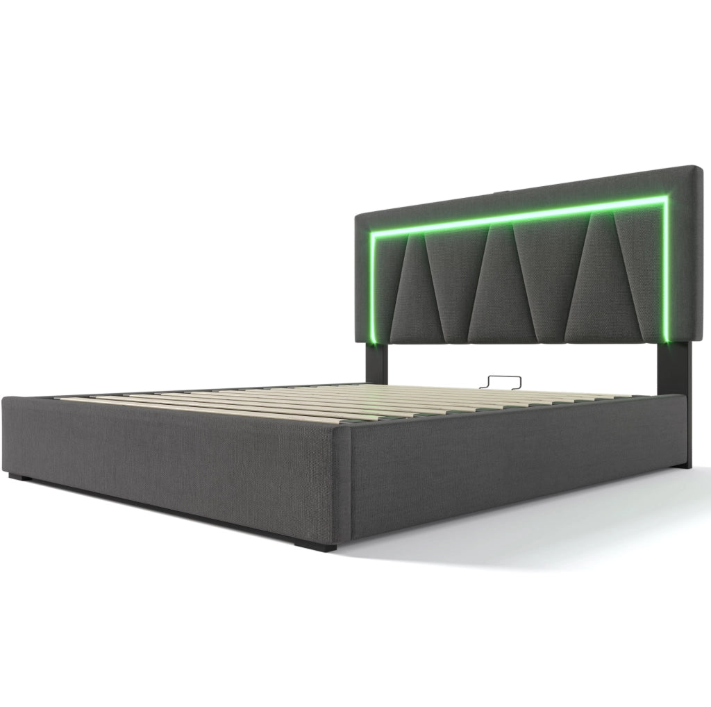 Letto matrimoniale contenitore 160x200 cm con materasso; LED; USB e Type-C grigio HOMVRA