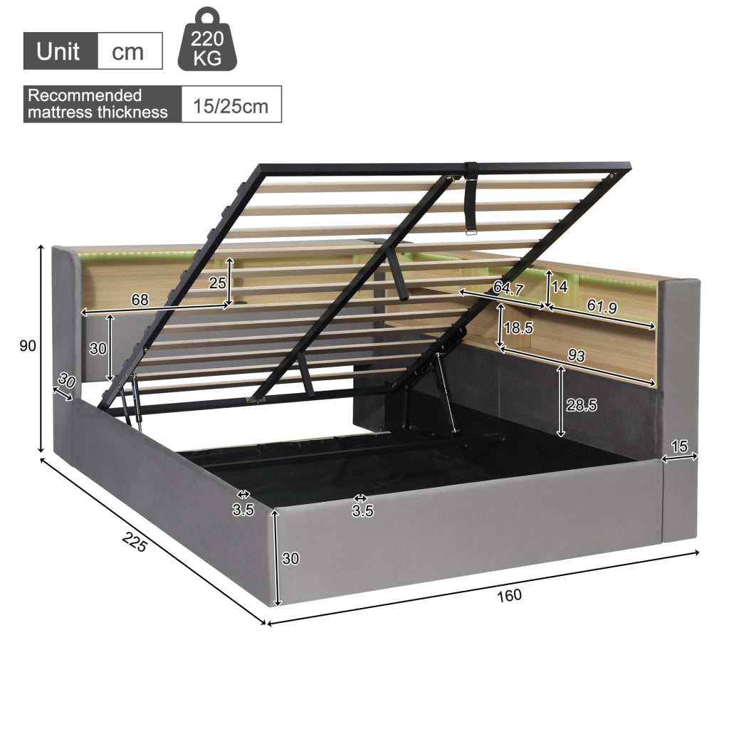 Letto imbottito con vano contenitore idraulico in velluto grigio con luci LED USB e porta Type-C integrati