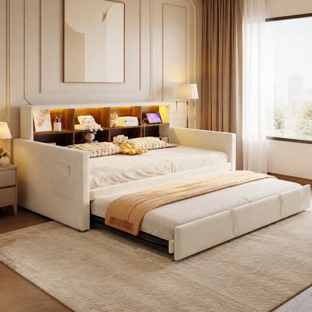 Letto singolo imbottito 90 × 190 cm estraibile in velluto beige con testiera LED prese e vani portaoggetti