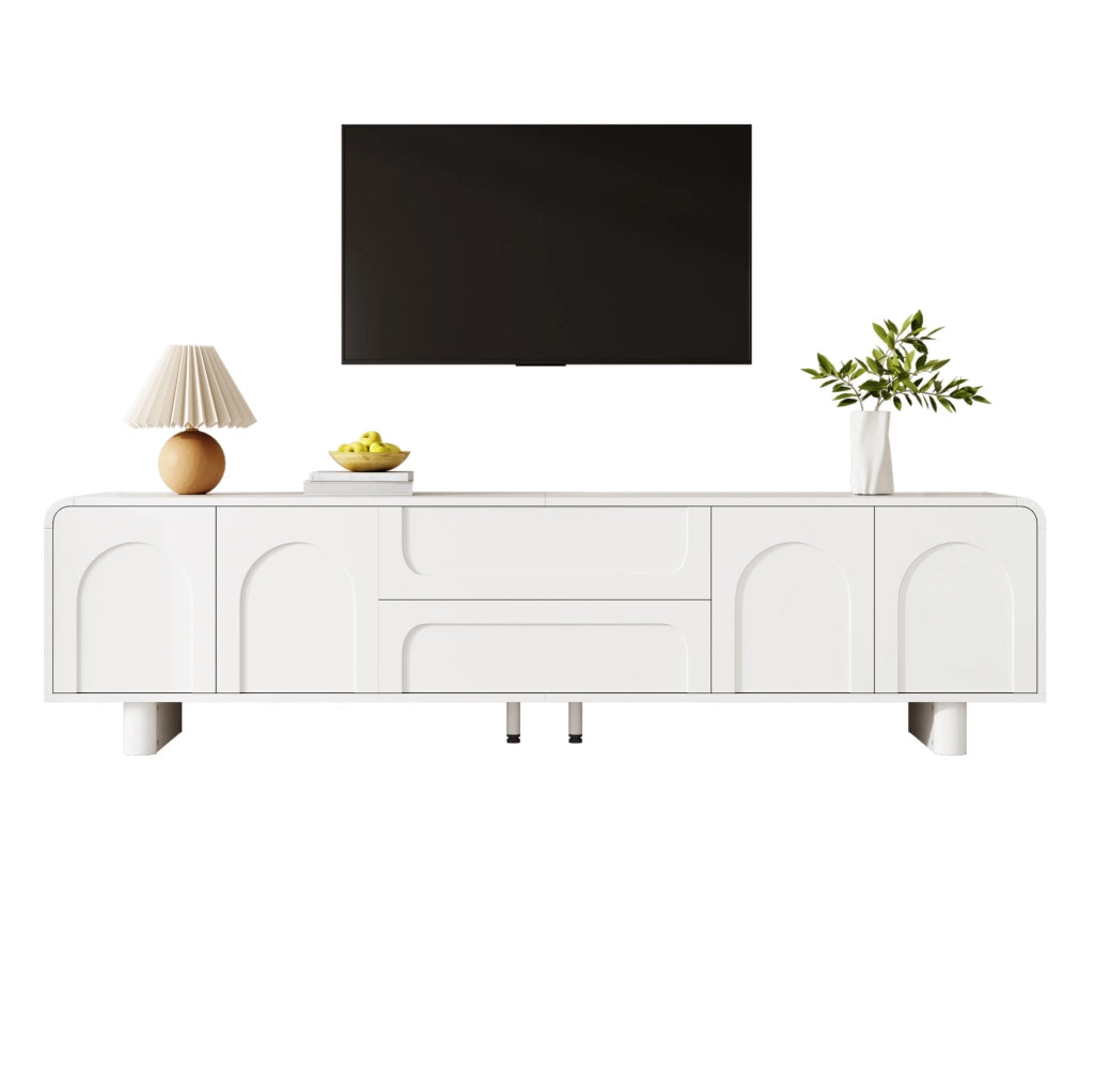 Mobile TV basso bianco 180 cm con 4 ante, 2 cassetti e passacavi