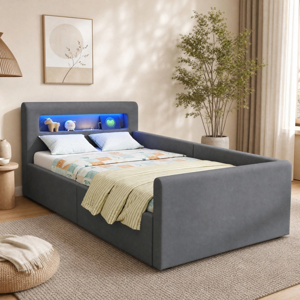 Letto per bambini imbottito 90 × 200 cm con luci LED porta USB vano idraulico velluto grigio