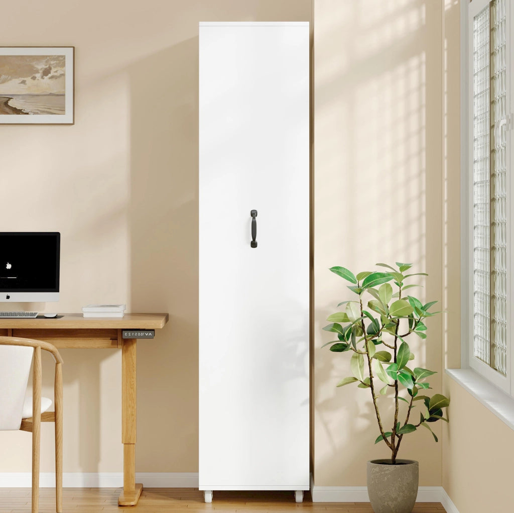Libreria stretta su ruote 40x30x160;5 cm con barre di protezione in MDF bianca