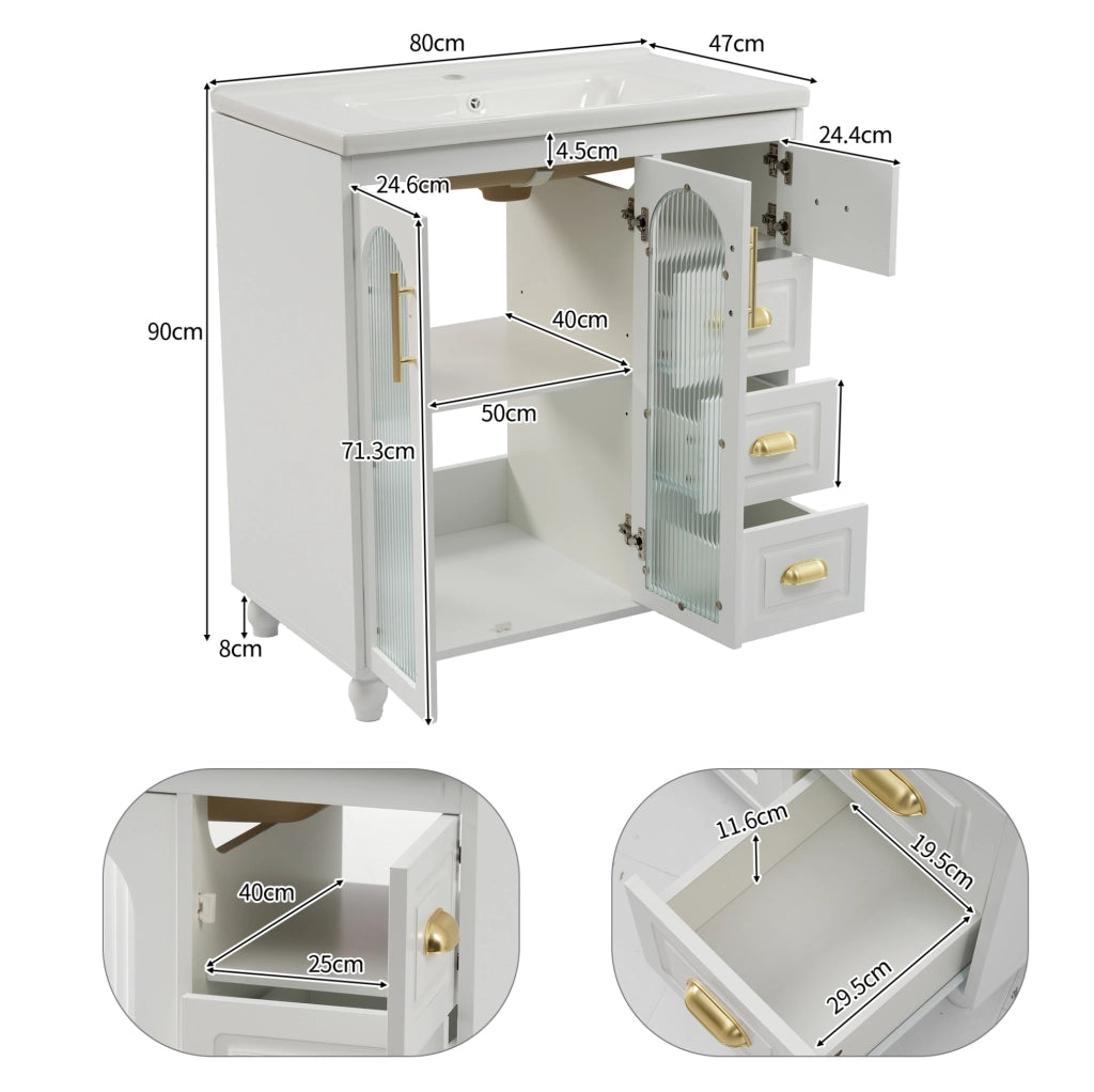 Mobile bagno con lavabo in ceramica bianco 80 cm con armadietto e cassetti