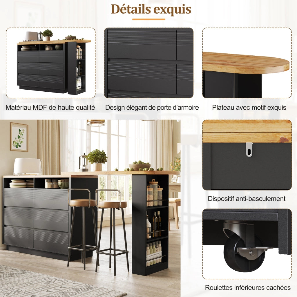 Tavolo alto allungabile girevole con 6 cassetti e ripiano laterale in MDF nero 137 × 39 × 102.3 cm