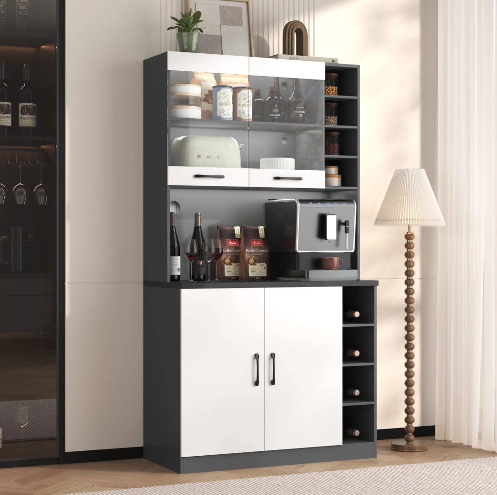 Credenza cucina 100x47x187 cm con LED, vano microonde, ante in vetro e ripiani regolabili