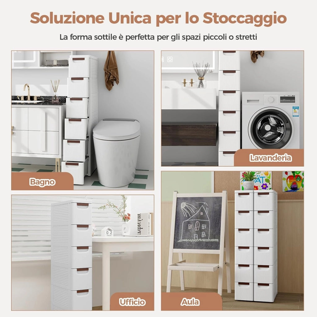 Cassettiere con 6 Cassetti, Comò con Ruote Incorporate per Spazi Stretti, Armadietto Salvaspazio Moderno in Plastica per Scrivania, Camera da Letto e Soggiorno (42 x 19 x 109 cm)