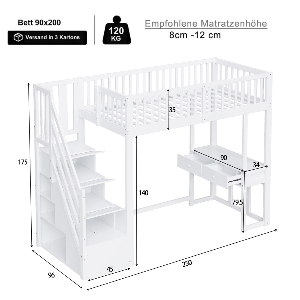 Letto a soppalco 90x200 cm con scrivania multifunzione e scala contenitore in pino massiccio bianco per bambini e ragazzi