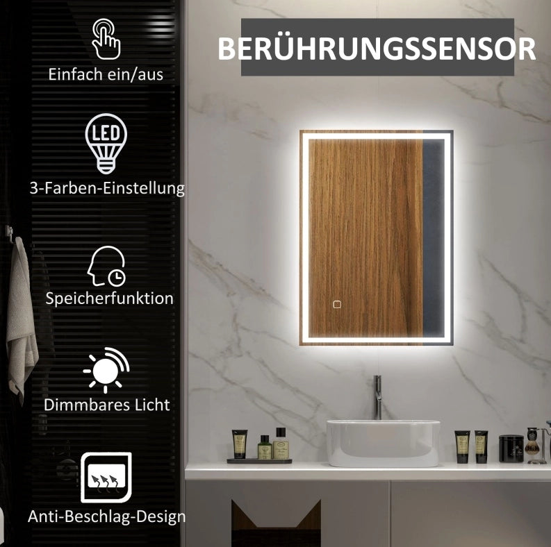 Specchio bagno LED ULEVR 70x50 cm con touch, luce regolabile a 3 tonalit¨¤ e funzione antiappannamento