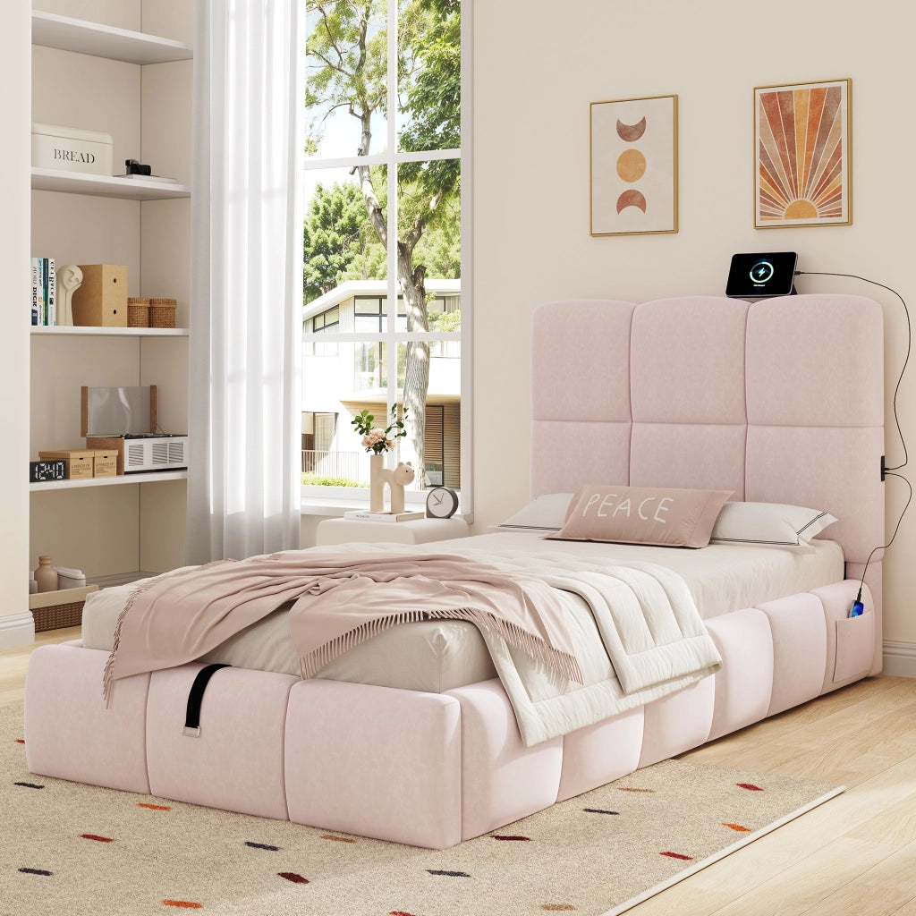 Letto per bambini imbottito con vano contenitore idraulico e USB tipo C in velluto rosa 90 × 200 cm