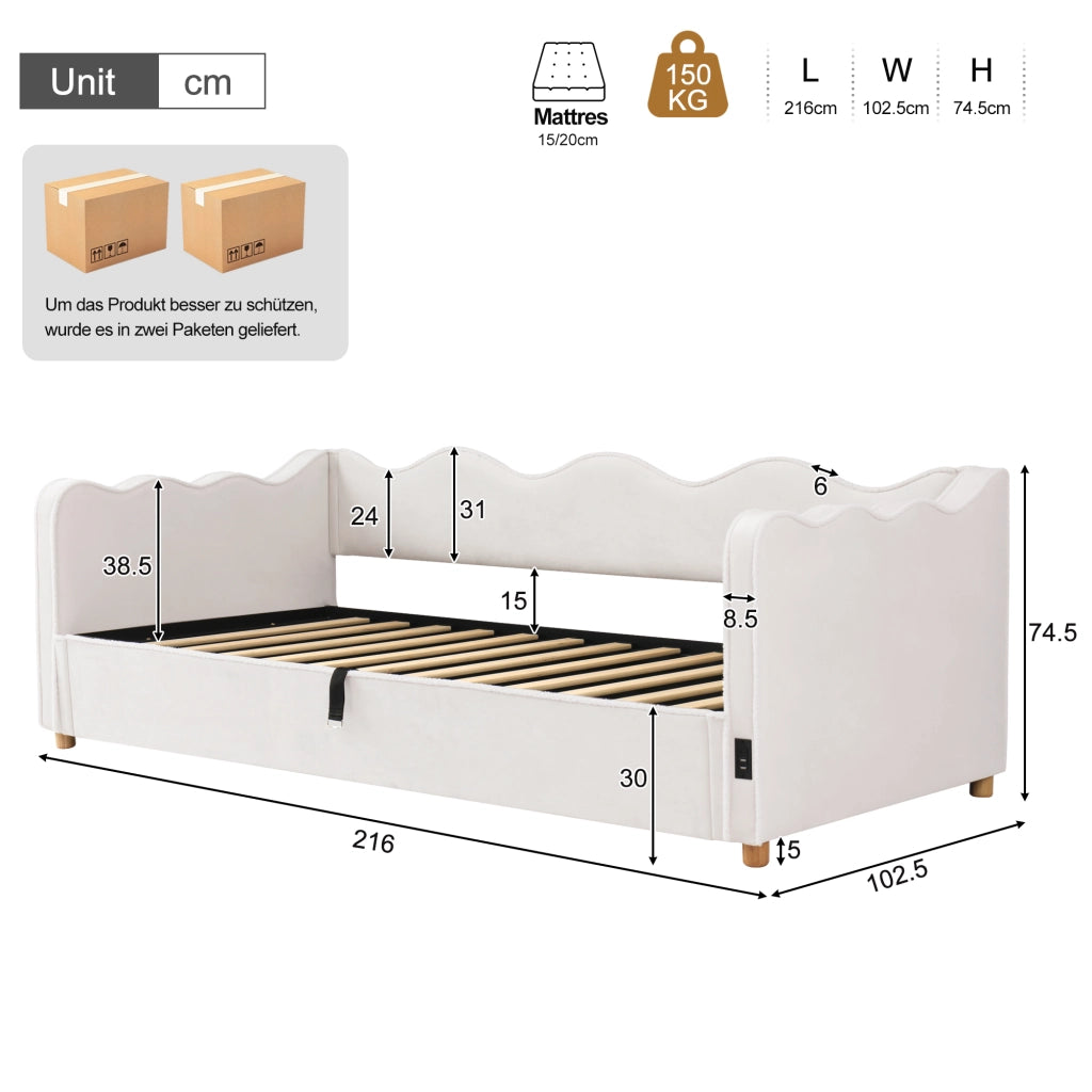 Letto contenitore singolo 90 × 200 cm con vano idraulico, USB e porta USB-C, senza materasso, velluto beige